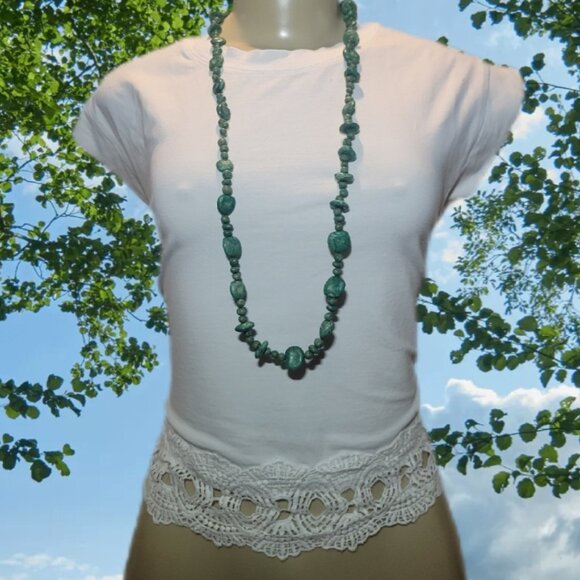 ☘️90's Teal Green Geometric Pebble Nugget Beaded Long Single Strand 18" Necklace - Picture 7 of 8